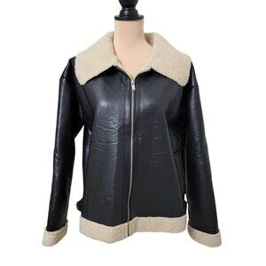 Cyanrose Size L Black / Cream Faux Leather Faux Shearling Aviator Jacket, NEW